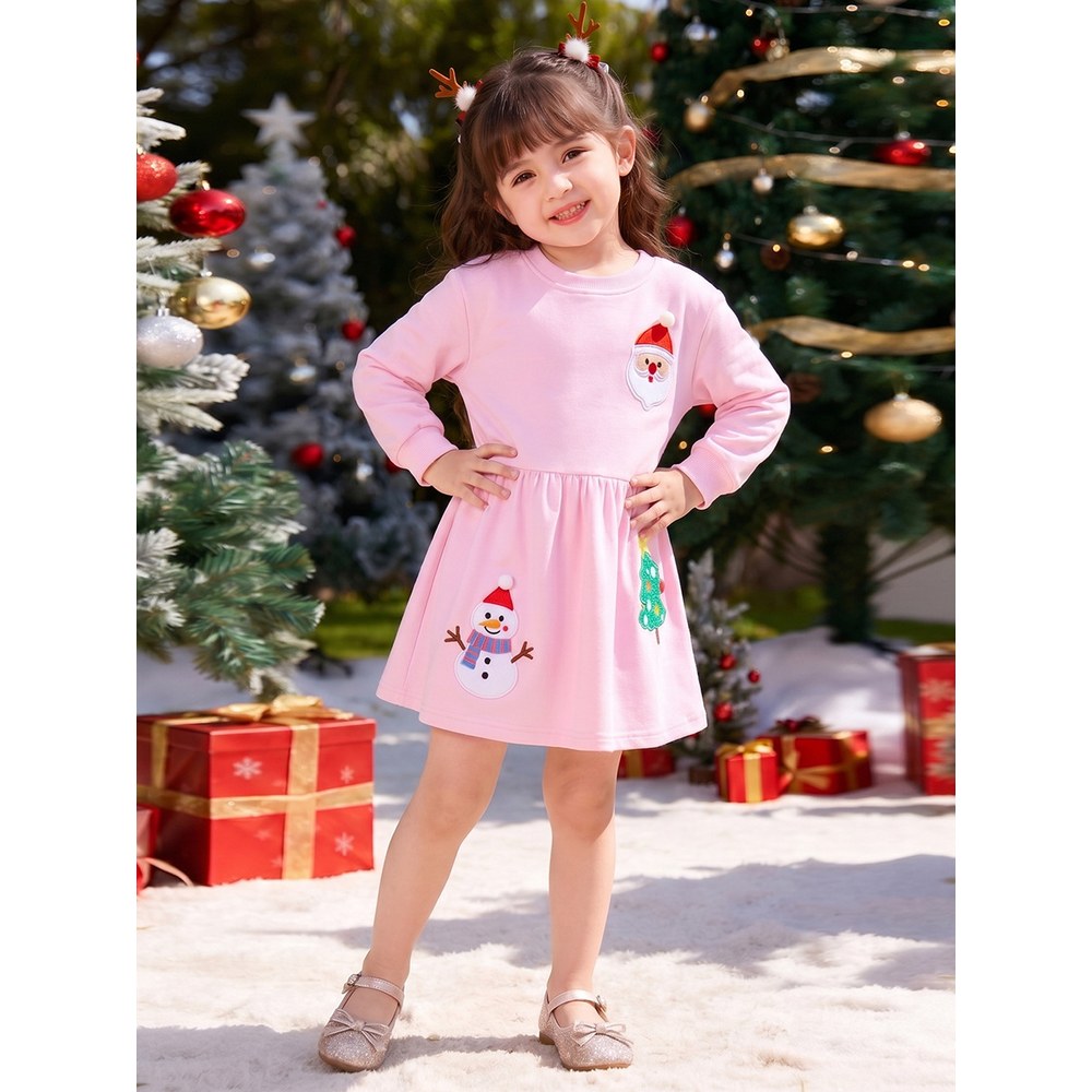 Baby Kids Girls Princess Christmas Cartoon Pattern Long Sleeves Dress