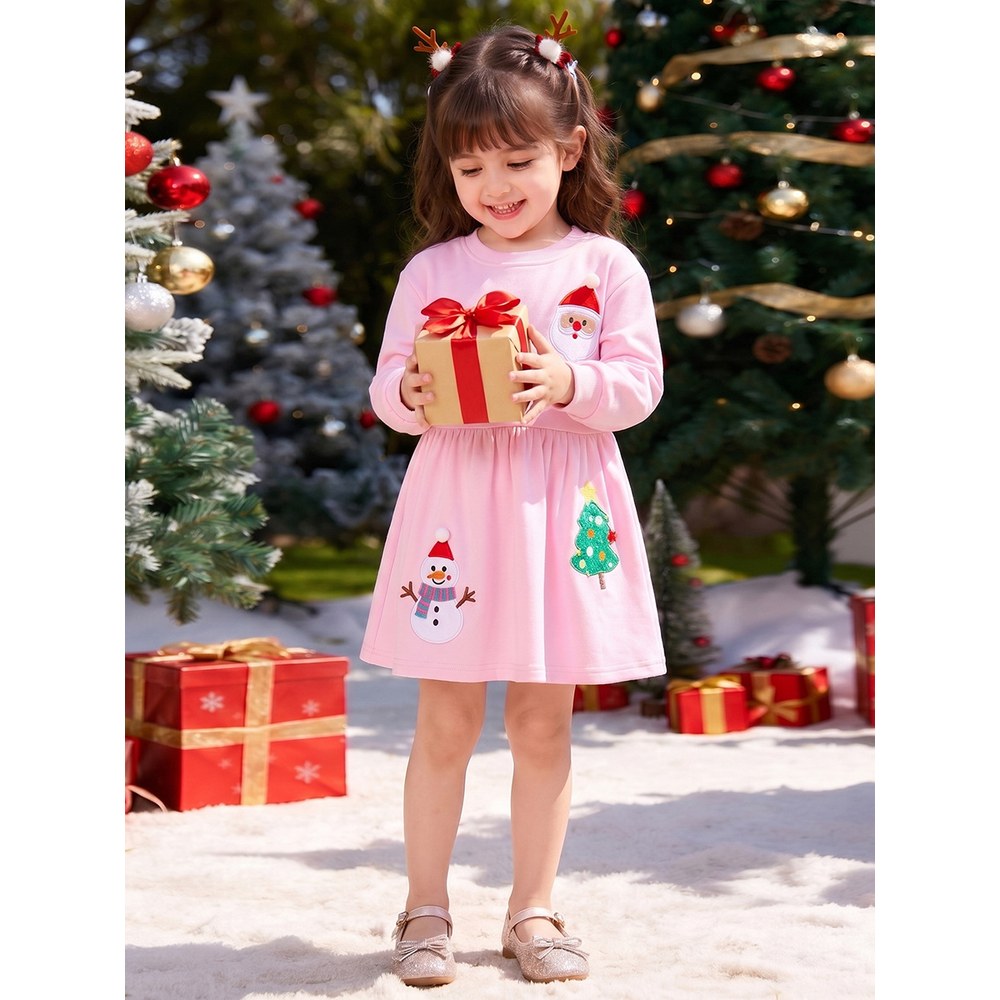 Baby Kids Girls Princess Christmas Cartoon Pattern Long Sleeves Dress