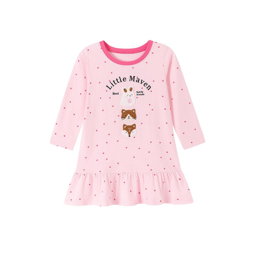 Baby Kids Girls Princess Dots and Cartoon Pattern Long Sleeves Pink Dress