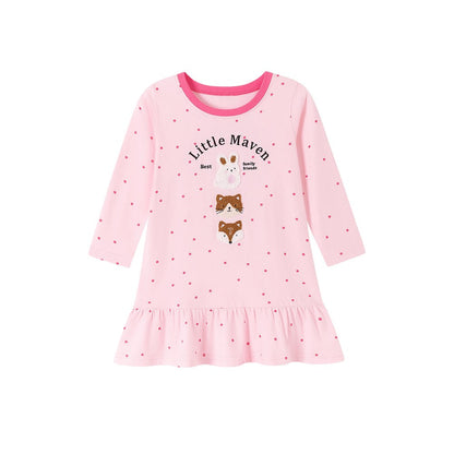 Baby Kids Girls Princess Dots and Cartoon Pattern Long Sleeves Pink Dress