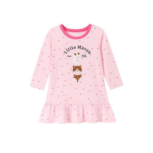 Baby Kids Girls Princess Dots and Cartoon Pattern Long Sleeves Pink Dress