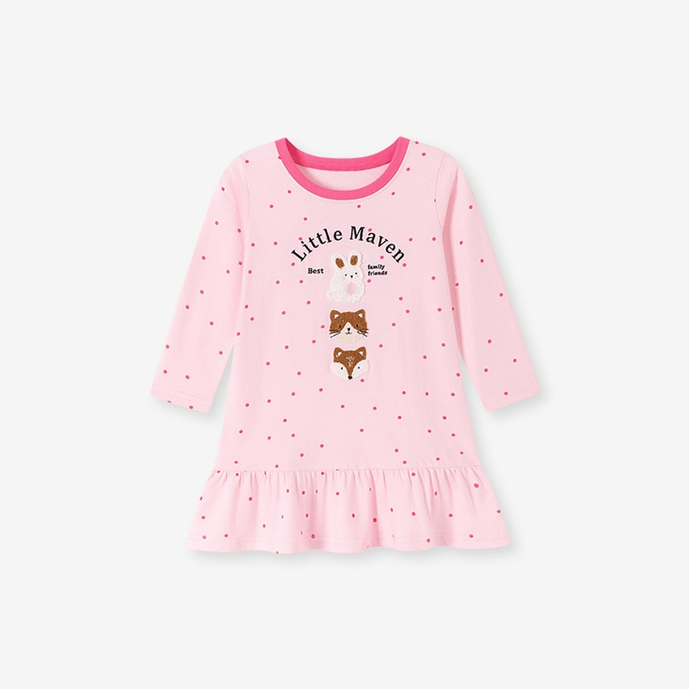 Baby Kids Girls Princess Dots and Cartoon Pattern Long Sleeves Pink Dress