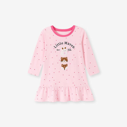 Baby Kids Girls Princess Dots and Cartoon Pattern Long Sleeves Pink Dress