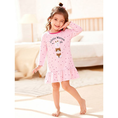 Baby Kids Girls Princess Dots and Cartoon Pattern Long Sleeves Pink Dress