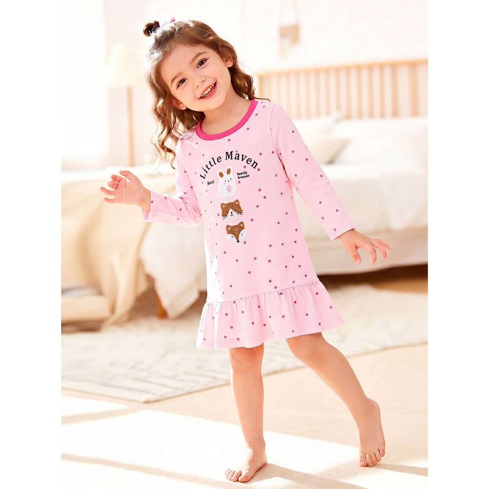 Baby Kids Girls Princess Dots and Cartoon Pattern Long Sleeves Pink Dress