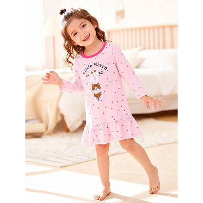 Baby Kids Girls Princess Dots and Cartoon Pattern Long Sleeves Pink Dress