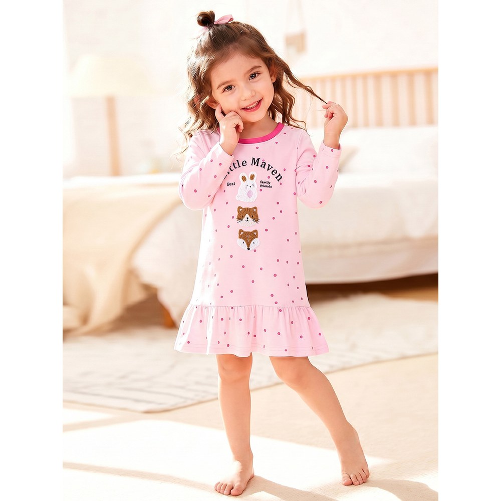 Baby Kids Girls Princess Dots and Cartoon Pattern Long Sleeves Pink Dress