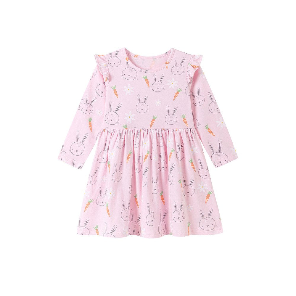 Baby Kids Girls Princess Cartoon Pattern Long Sleeves Pink Dress