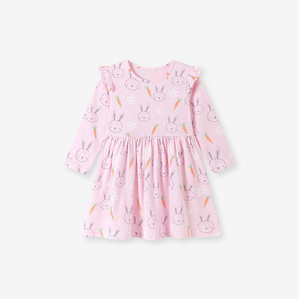 Baby Kids Girls Princess Cartoon Pattern Long Sleeves Pink Dress