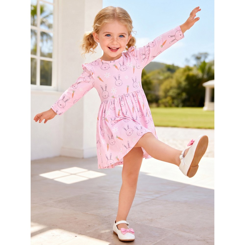 Baby Kids Girls Princess Cartoon Pattern Long Sleeves Pink Dress