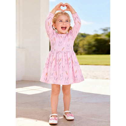 Baby Kids Girls Princess Cartoon Pattern Long Sleeves Pink Dress