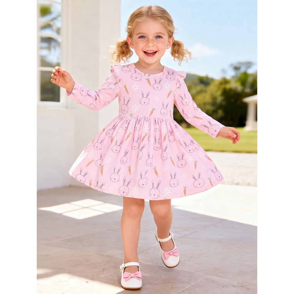 Baby Kids Girls Princess Cartoon Pattern Long Sleeves Pink Dress