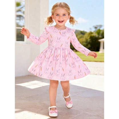 Baby Kids Girls Princess Cartoon Pattern Long Sleeves Pink Dress