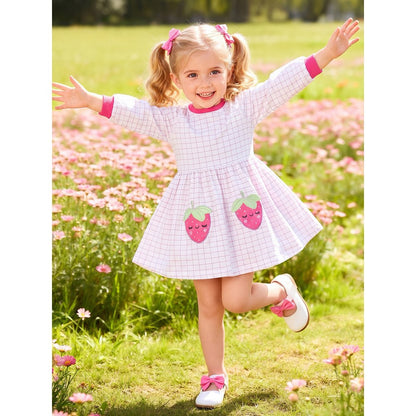Baby Kids Girls Princess Plaid and Cartoon Pattern Long Sleeves Dress