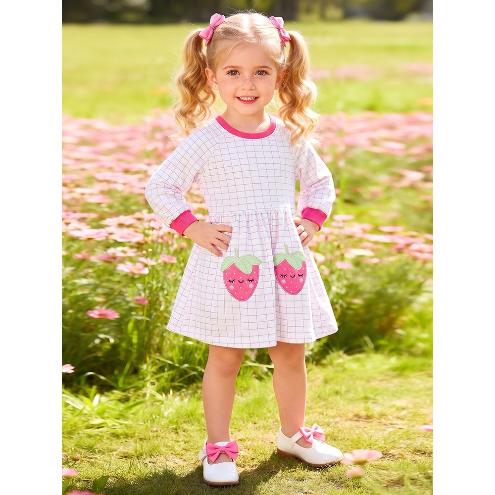 Baby Kids Girls Princess Plaid and Cartoon Pattern Long Sleeves Dress