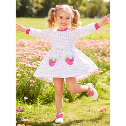 Baby Kids Girls Princess Plaid and Cartoon Pattern Long Sleeves Dress