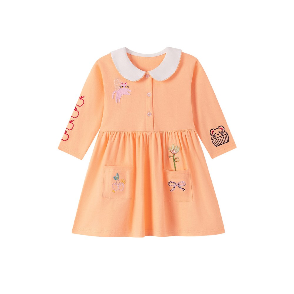 Baby Kids Girls Cartoon Embroidery Long Sleeves Dress