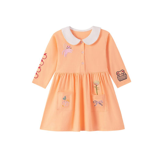 Baby Kids Girls Cartoon Embroidery Long Sleeves Dress