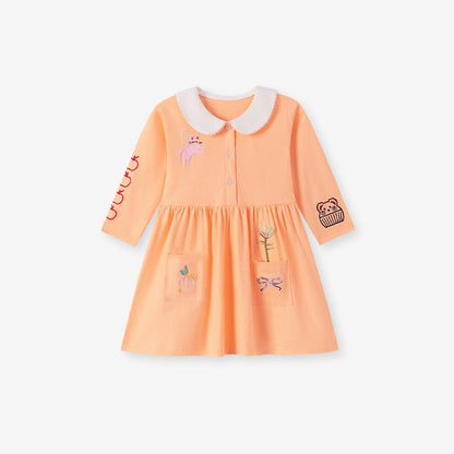 Baby Kids Girls Cartoon Embroidery Long Sleeves Dress