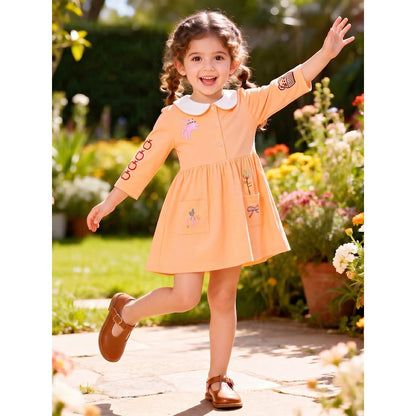 Baby Kids Girls Cartoon Embroidery Long Sleeves Dress