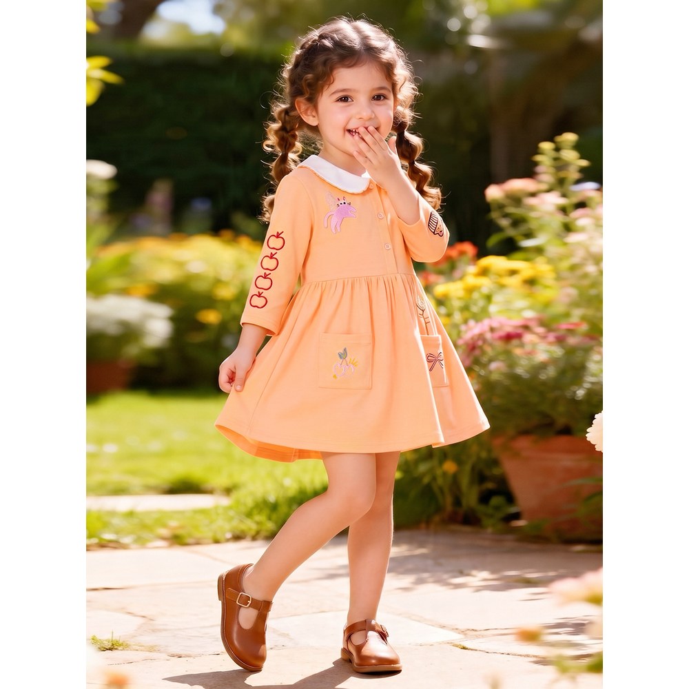 Baby Kids Girls Cartoon Embroidery Long Sleeves Dress