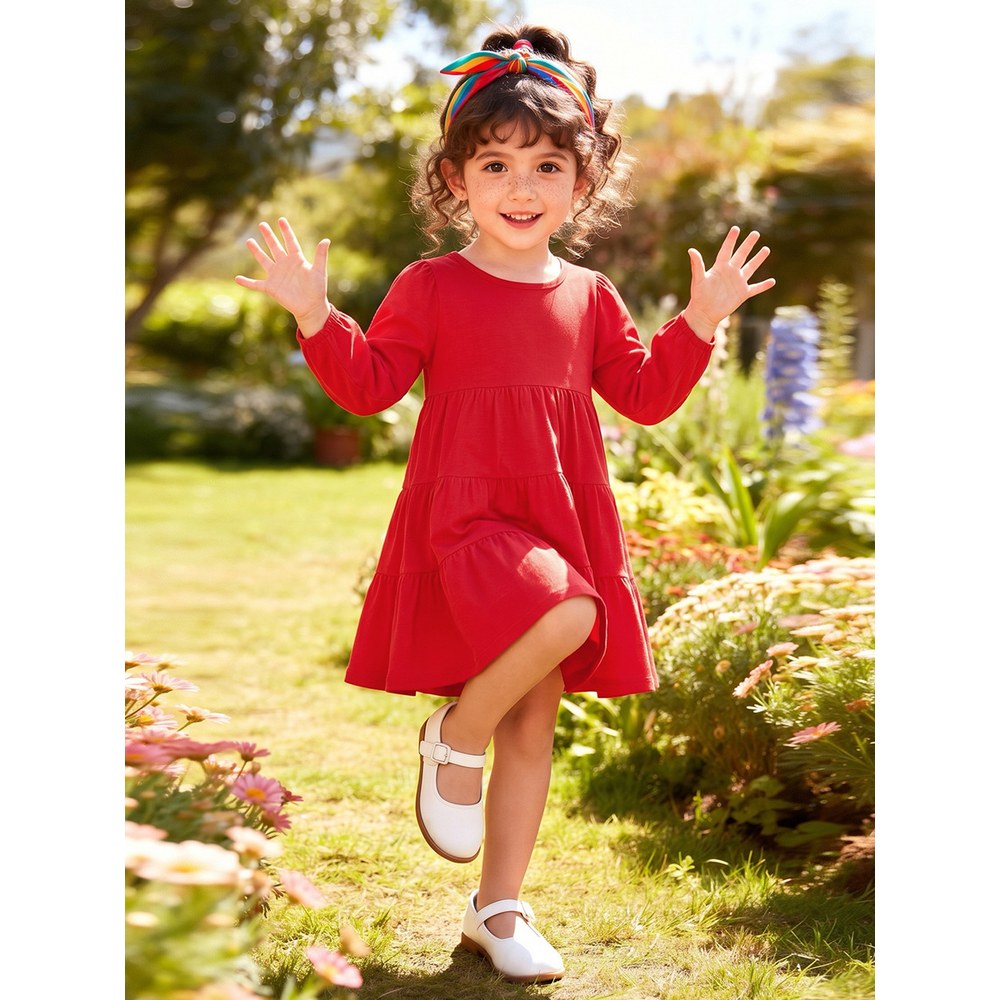 Baby Kids Girls Solid Color Long Sleeves Dress