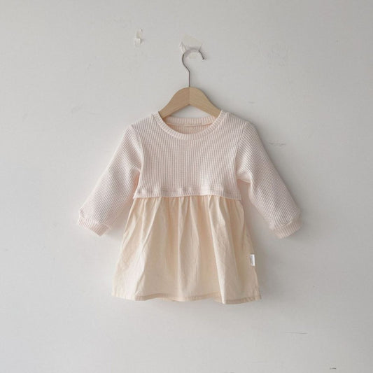 Baby Kids Girls Long Sleeves Crew Neck Patchwork Design Dress