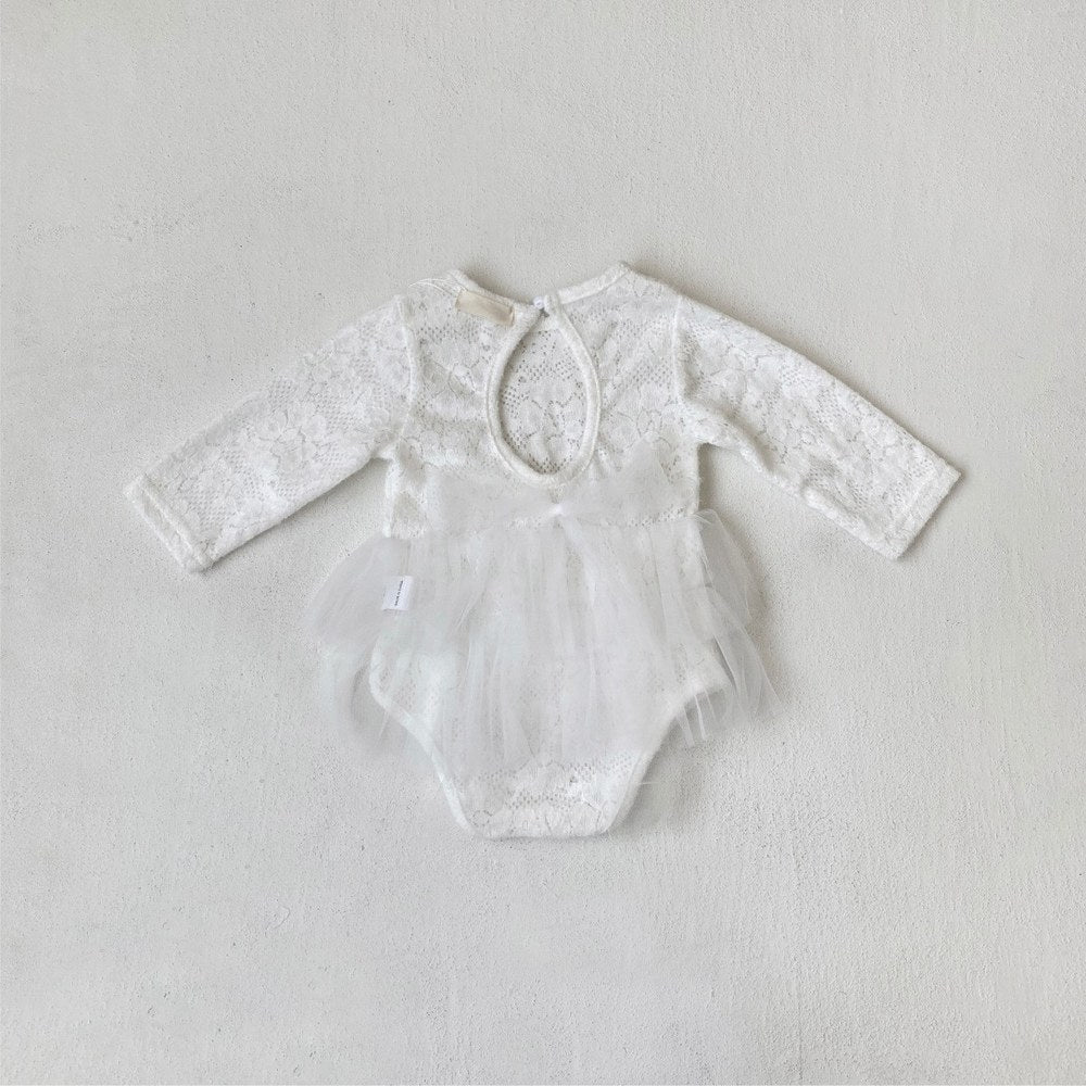 Baby Kids Girls Long Sleeves Tulle Patchwork Flowers Pattern Bodysuit Dress