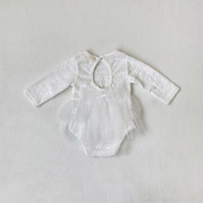 Baby Kids Girls Long Sleeves Tulle Patchwork Flowers Pattern Bodysuit Dress