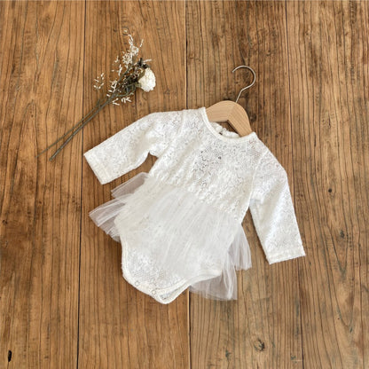 Baby Kids Girls Long Sleeves Tulle Patchwork Flowers Pattern Bodysuit Dress