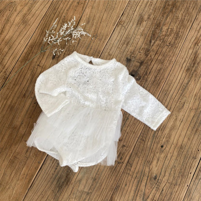 Baby Kids Girls Long Sleeves Tulle Patchwork Flowers Pattern Bodysuit Dress