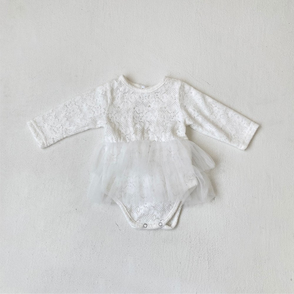 Baby Kids Girls Long Sleeves Tulle Patchwork Flowers Pattern Bodysuit Dress