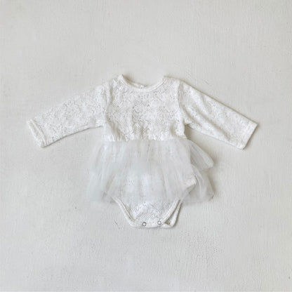 Baby Kids Girls Long Sleeves Tulle Patchwork Flowers Pattern Bodysuit Dress