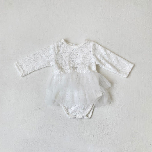 Baby Kids Girls Long Sleeves Tulle Patchwork Flowers Pattern Bodysuit Dress