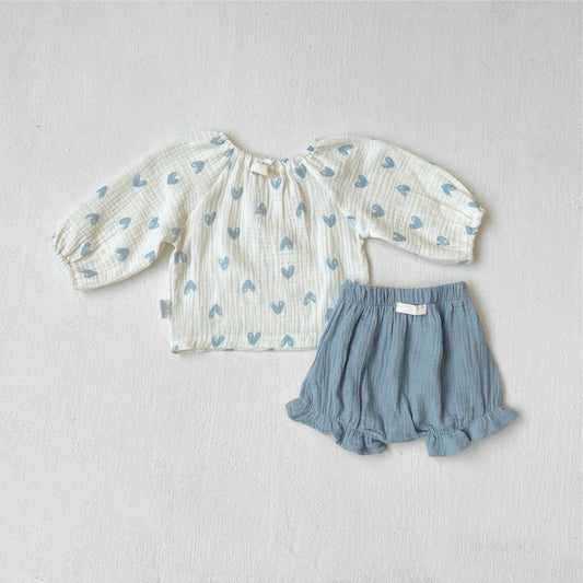 Baby Kids Girls Long Sleeves Hearts Pattern Top and Blue Shorts 2-piece Clothing Set
