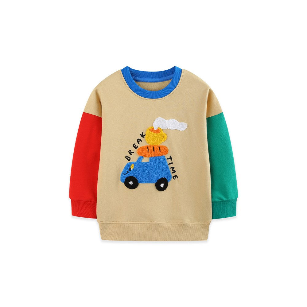 Kids Boys Cartoon Pattern Crew Neck Color Patchwork Long Sleeves Sweatshirt