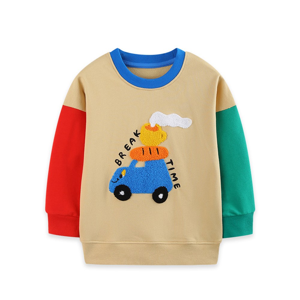 Kids Boys Cartoon Pattern Crew Neck Color Patchwork Long Sleeves Sweatshirt