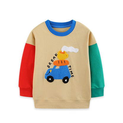 Kids Boys Cartoon Pattern Crew Neck Color Patchwork Long Sleeves Sweatshirt