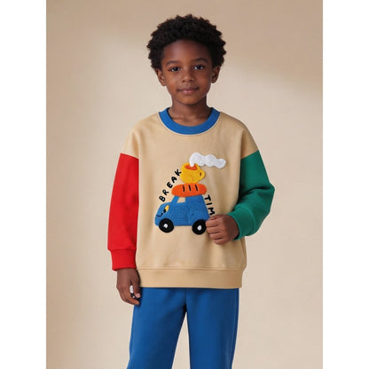 Kids Boys Cartoon Pattern Crew Neck Color Patchwork Long Sleeves Sweatshirt