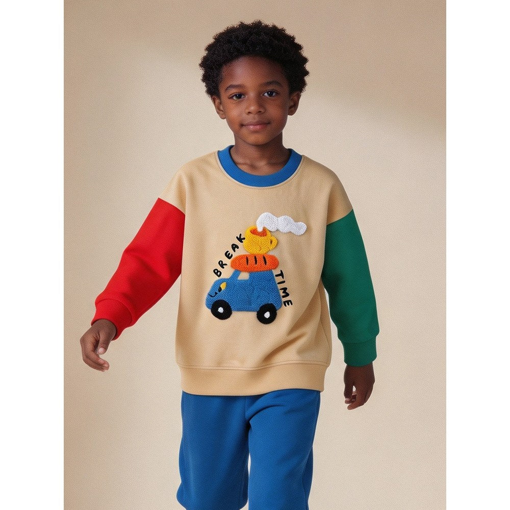 Kids Boys Cartoon Pattern Crew Neck Color Patchwork Long Sleeves Sweatshirt