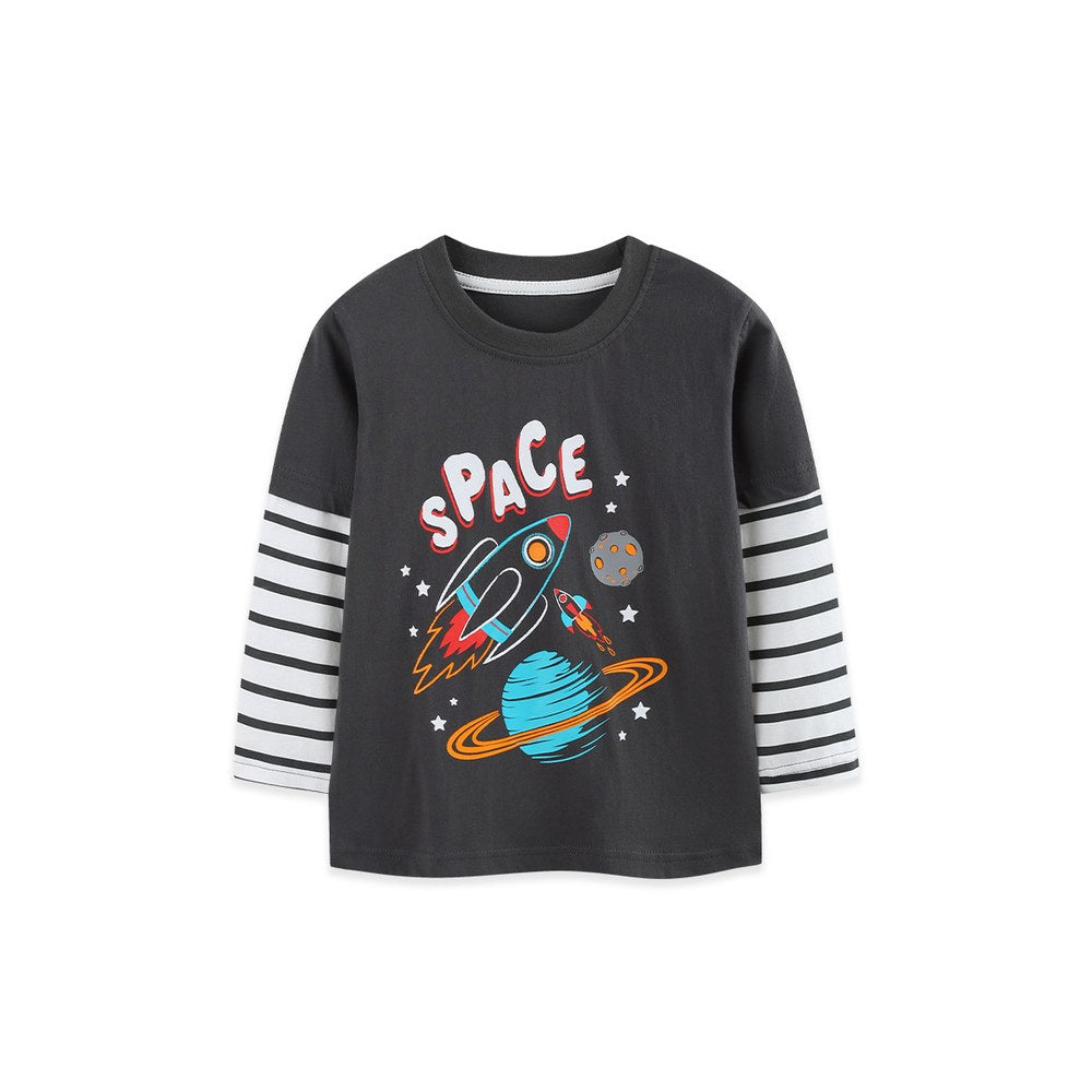 Kids Boys Cartoon Pattern Crew Neck Striped Long Sleeves Top