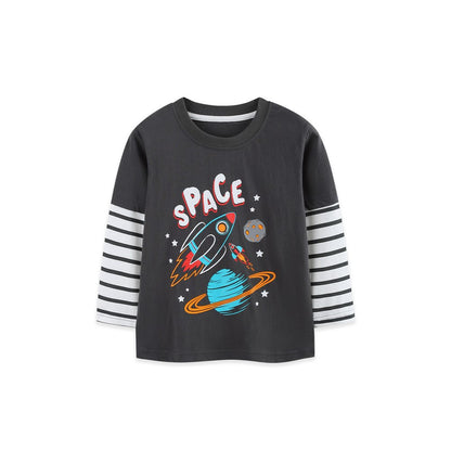 Kids Boys Cartoon Pattern Crew Neck Striped Long Sleeves Top
