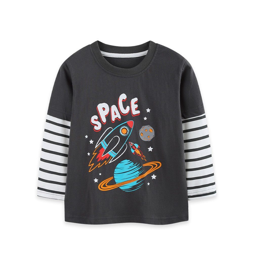Kids Boys Cartoon Pattern Crew Neck Striped Long Sleeves Top