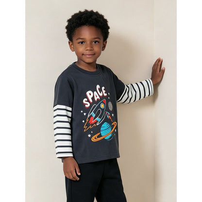 Kids Boys Cartoon Pattern Crew Neck Striped Long Sleeves Top