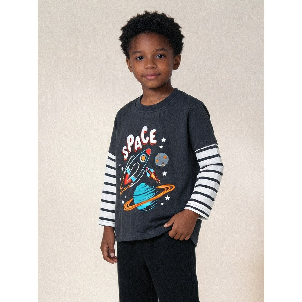 Kids Boys Cartoon Pattern Crew Neck Striped Long Sleeves Top