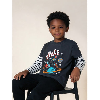 Kids Boys Cartoon Pattern Crew Neck Striped Long Sleeves Top
