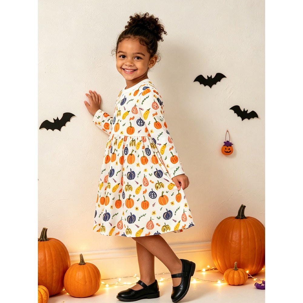Baby Kids Girls Halloween Cartoon Pattern Long Sleeves Dress