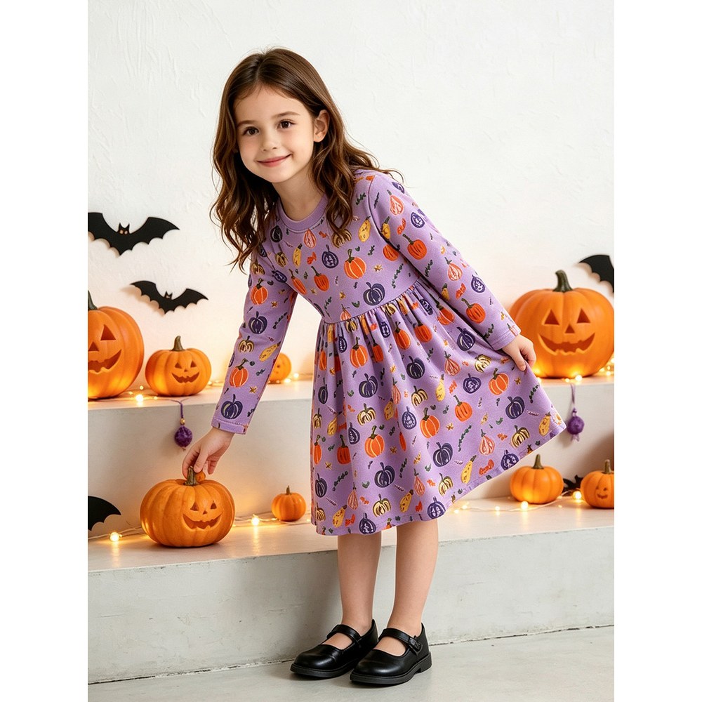 Baby Kids Girls Halloween Cartoon Pattern Long Sleeves Dress