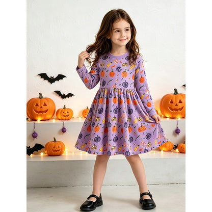 Baby Kids Girls Halloween Cartoon Pattern Long Sleeves Dress