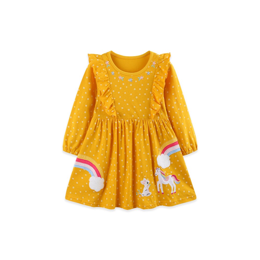 Baby Kids Girls Long Sleeves Cartoon and Flowers Pattern Dress